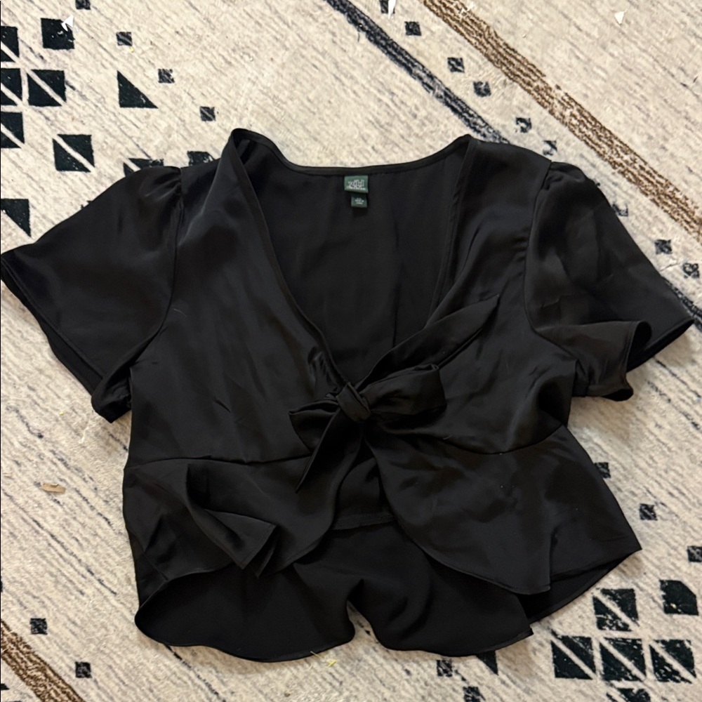 Chic Black Satin Tie-Front Blouse – Short Sleeve